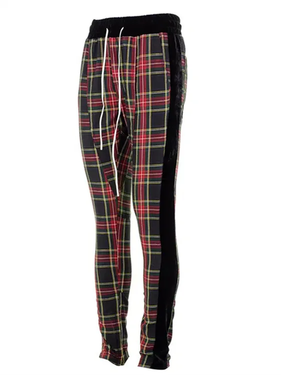 Men's slim-fitting casual sportswear fashion trend: zipper pocket checkered patchwork street fashion skinny pants