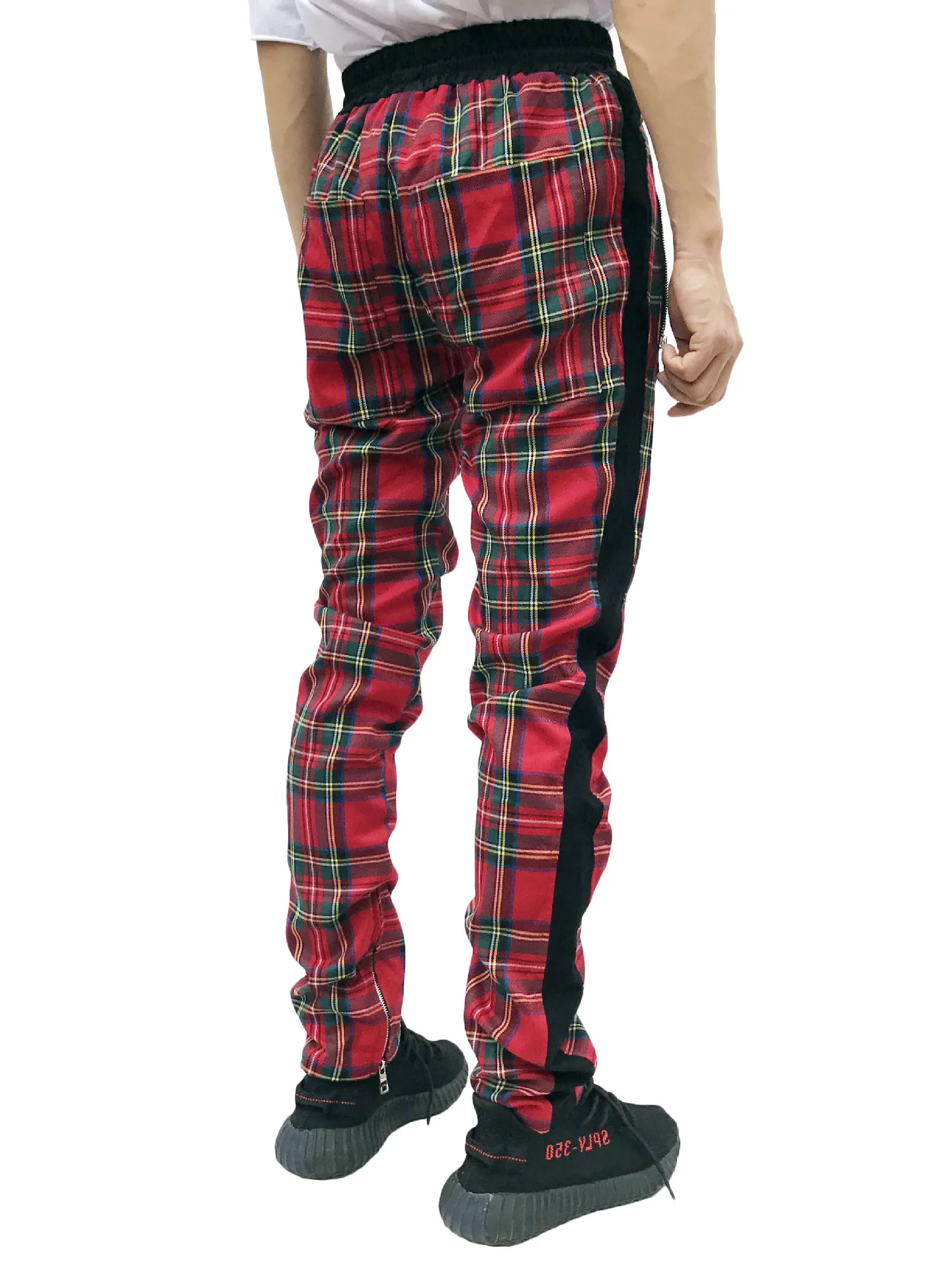 Men's slim-fitting casual sportswear fashion trend: zipper pocket checkered patchwork street fashion skinny pants