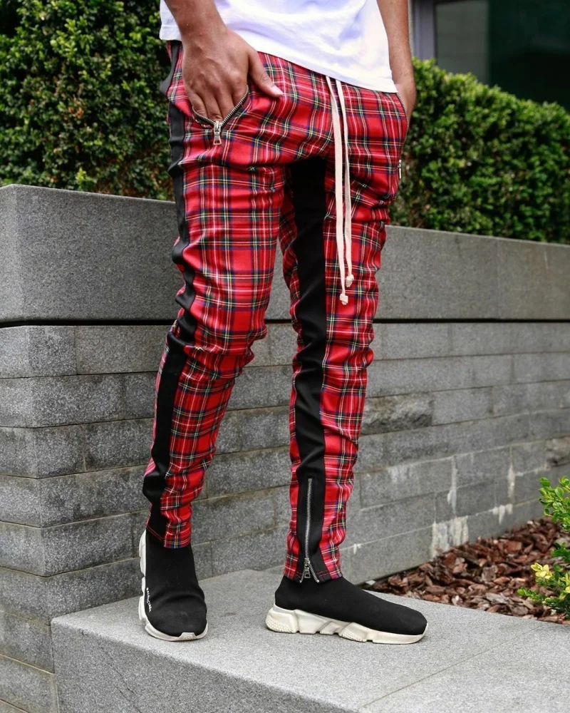 Men's slim-fitting casual sportswear fashion trend: zipper pocket checkered patchwork street fashion skinny pants