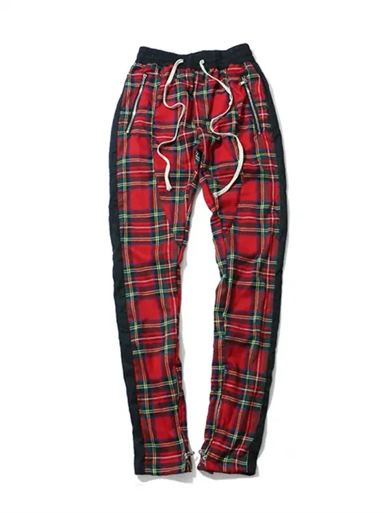 Men's slim-fitting casual sportswear fashion trend: zipper pocket checkered patchwork street fashion skinny pants