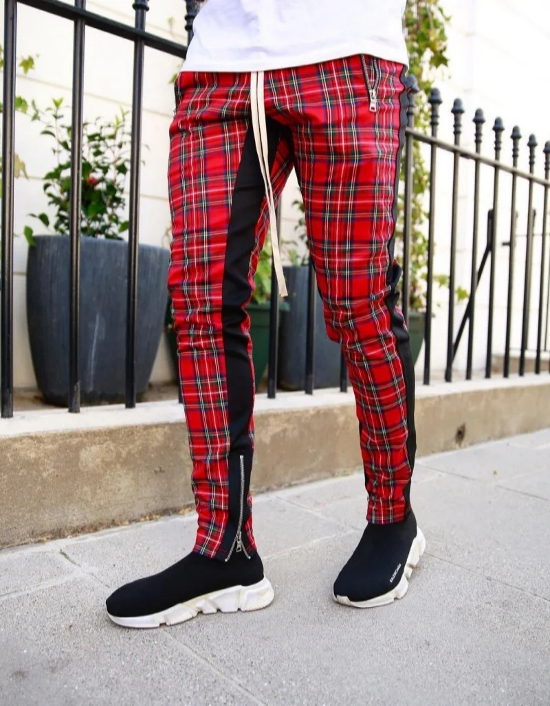 Men's slim-fitting casual sportswear fashion trend: zipper pocket checkered patchwork street fashion skinny pants