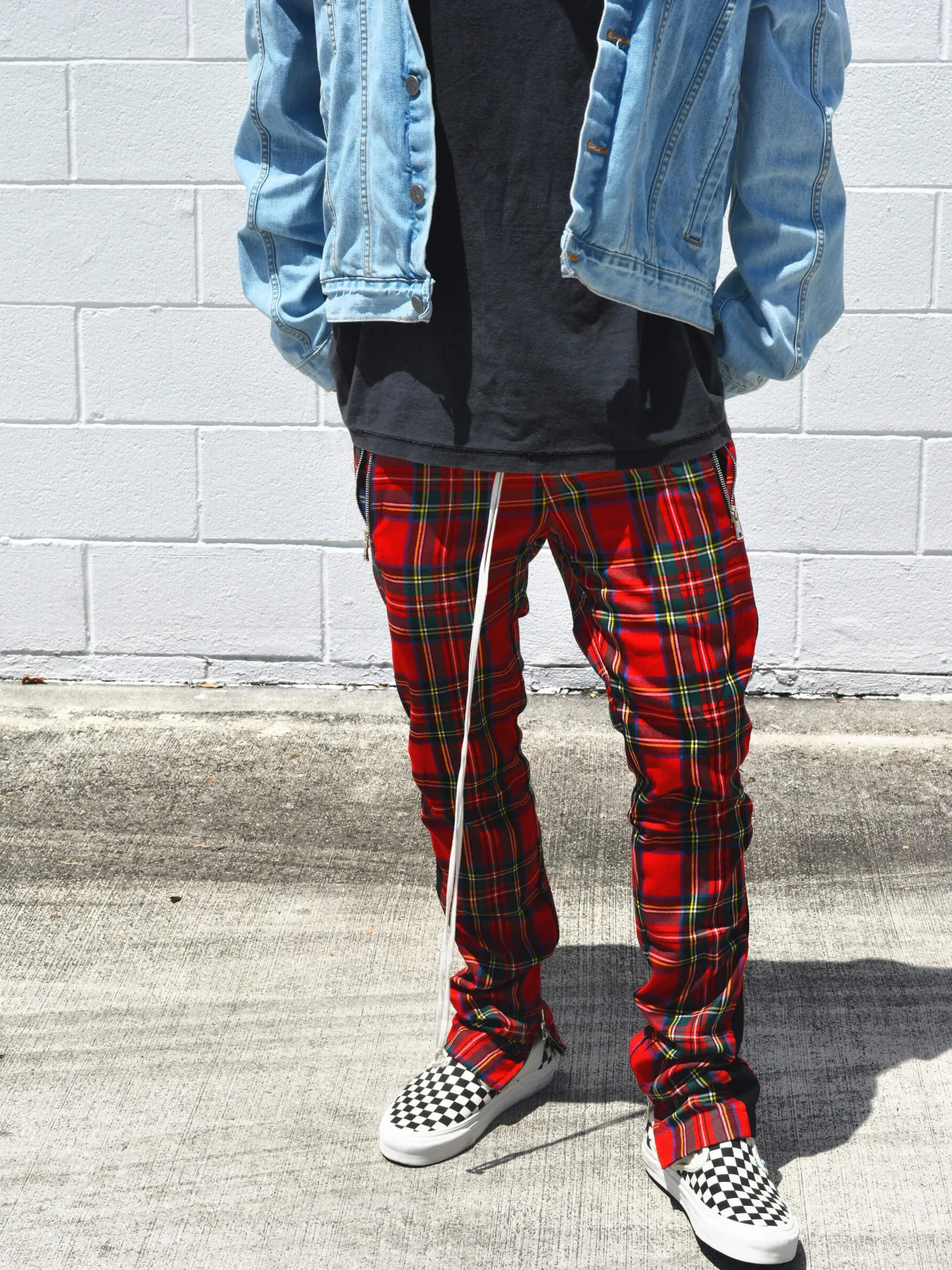 Men's slim-fitting casual sportswear fashion trend: zipper pocket checkered patchwork street fashion skinny pants