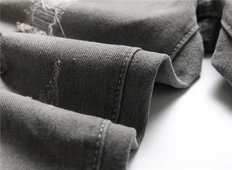 European American Holes Jeans Men Casual Gray Washed Teenagers Stretchless Mid Waist Slim Fitting Denim Pants Ripped Jeans