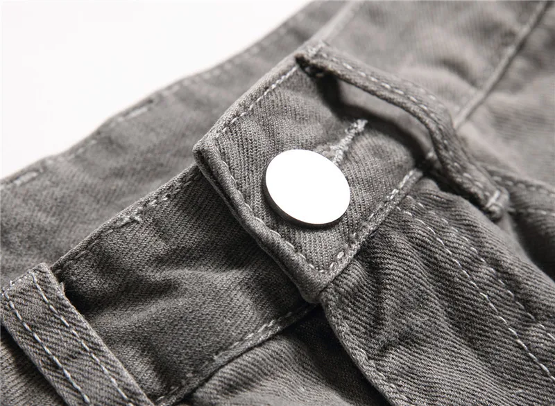 European American Holes Jeans Men Casual Gray Washed Teenagers Stretchless Mid Waist Slim Fitting Denim Pants Ripped Jeans