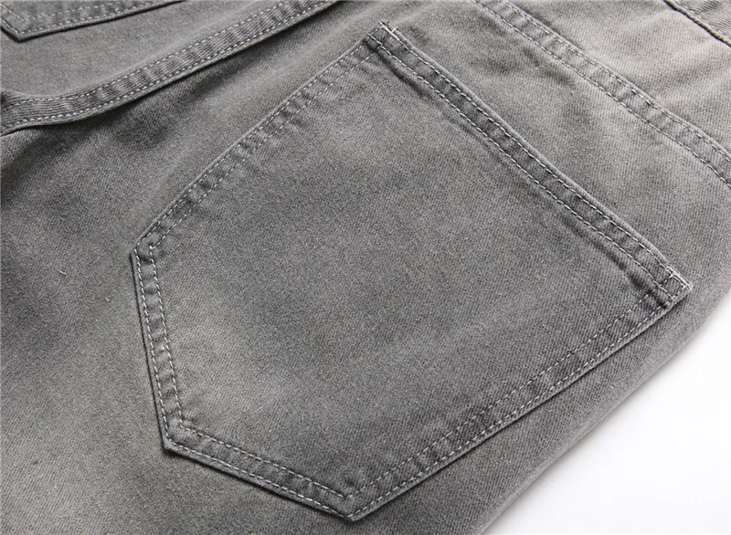 European American Holes Jeans Men Casual Gray Washed Teenagers Stretchless Mid Waist Slim Fitting Denim Pants Ripped Jeans