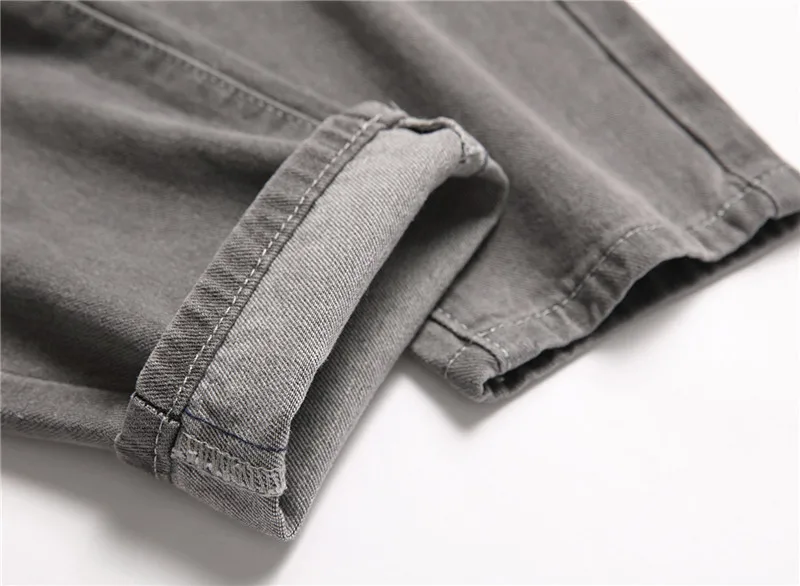 European American Holes Jeans Men Casual Gray Washed Teenagers Stretchless Mid Waist Slim Fitting Denim Pants Ripped Jeans
