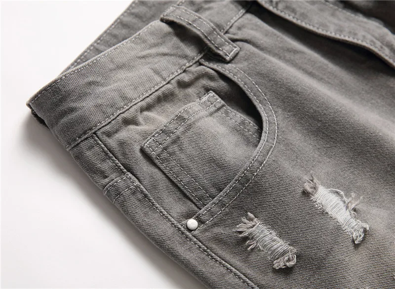 European American Holes Jeans Men Casual Gray Washed Teenagers Stretchless Mid Waist Slim Fitting Denim Pants Ripped Jeans