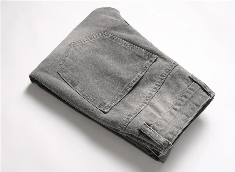European American Holes Jeans Men Casual Gray Washed Teenagers Stretchless Mid Waist Slim Fitting Denim Pants Ripped Jeans