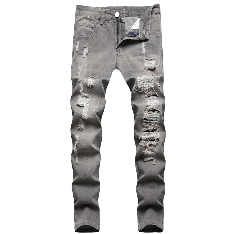 European American Holes Jeans Men Casual Gray Washed Teenagers Stretchless Mid Waist Slim Fitting Denim Pants Ripped Jeans
