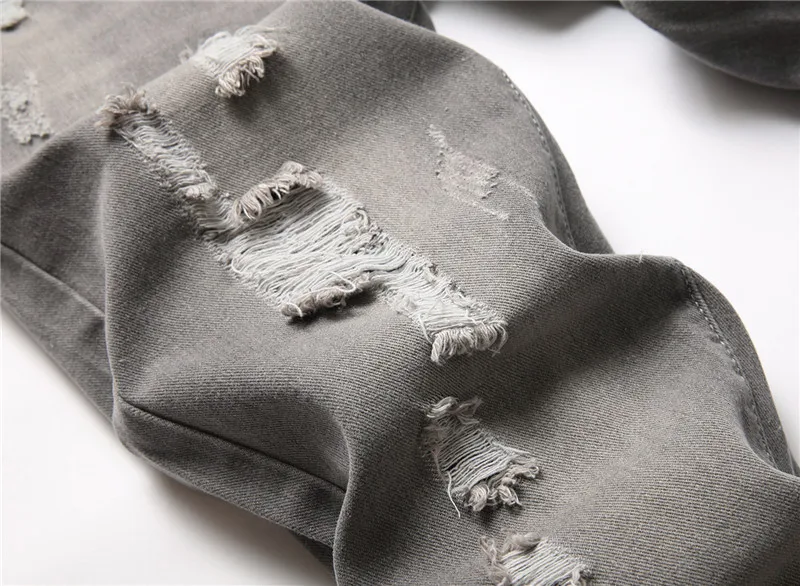 European American Holes Jeans Men Casual Gray Washed Teenagers Stretchless Mid Waist Slim Fitting Denim Pants Ripped Jeans