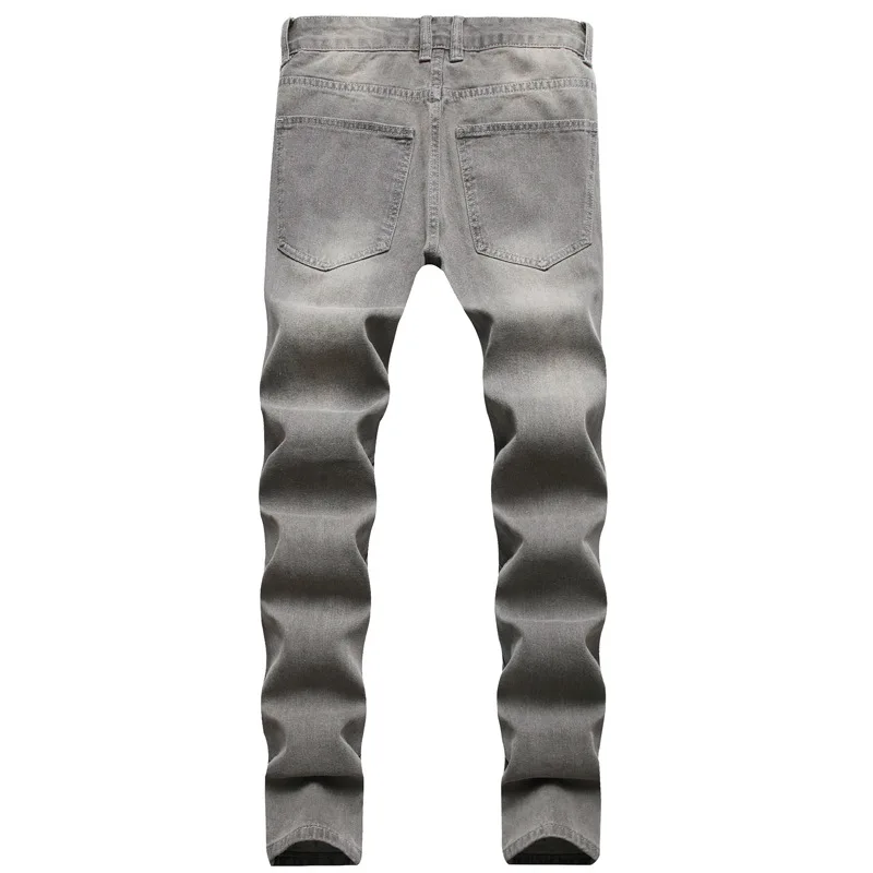 European American Holes Jeans Men Casual Gray Washed Teenagers Stretchless Mid Waist Slim Fitting Denim Pants Ripped Jeans