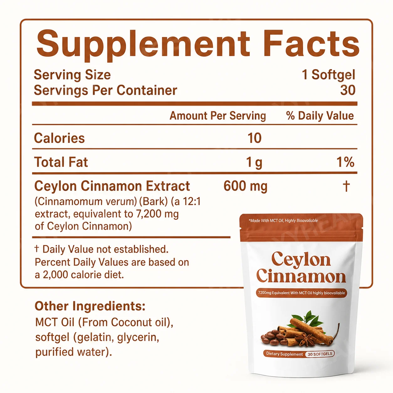 Ceylon Cinnamon Softgels Blood Sugar Metabolism Antioxidant Defense with Cinnamon Extract MCT Oil 7200 mg Equivalent 30 Softgels