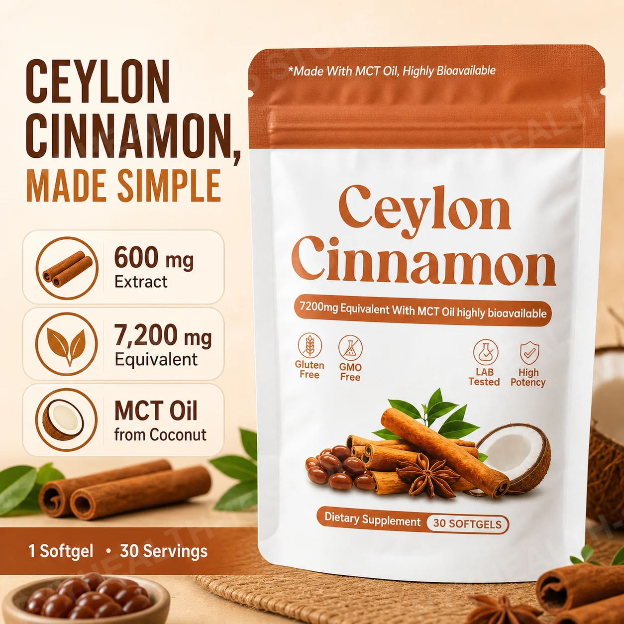 Ceylon Cinnamon Softgels Blood Sugar Metabolism Antioxidant Defense with Cinnamon Extract MCT Oil 7200 mg Equivalent 30 Softgels