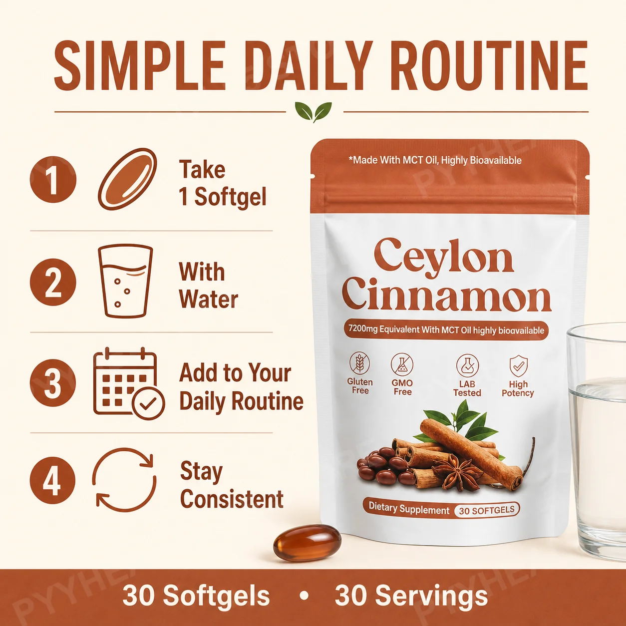Ceylon Cinnamon Softgels Blood Sugar Metabolism Antioxidant Defense with Cinnamon Extract MCT Oil 7200 mg Equivalent 30 Softgels