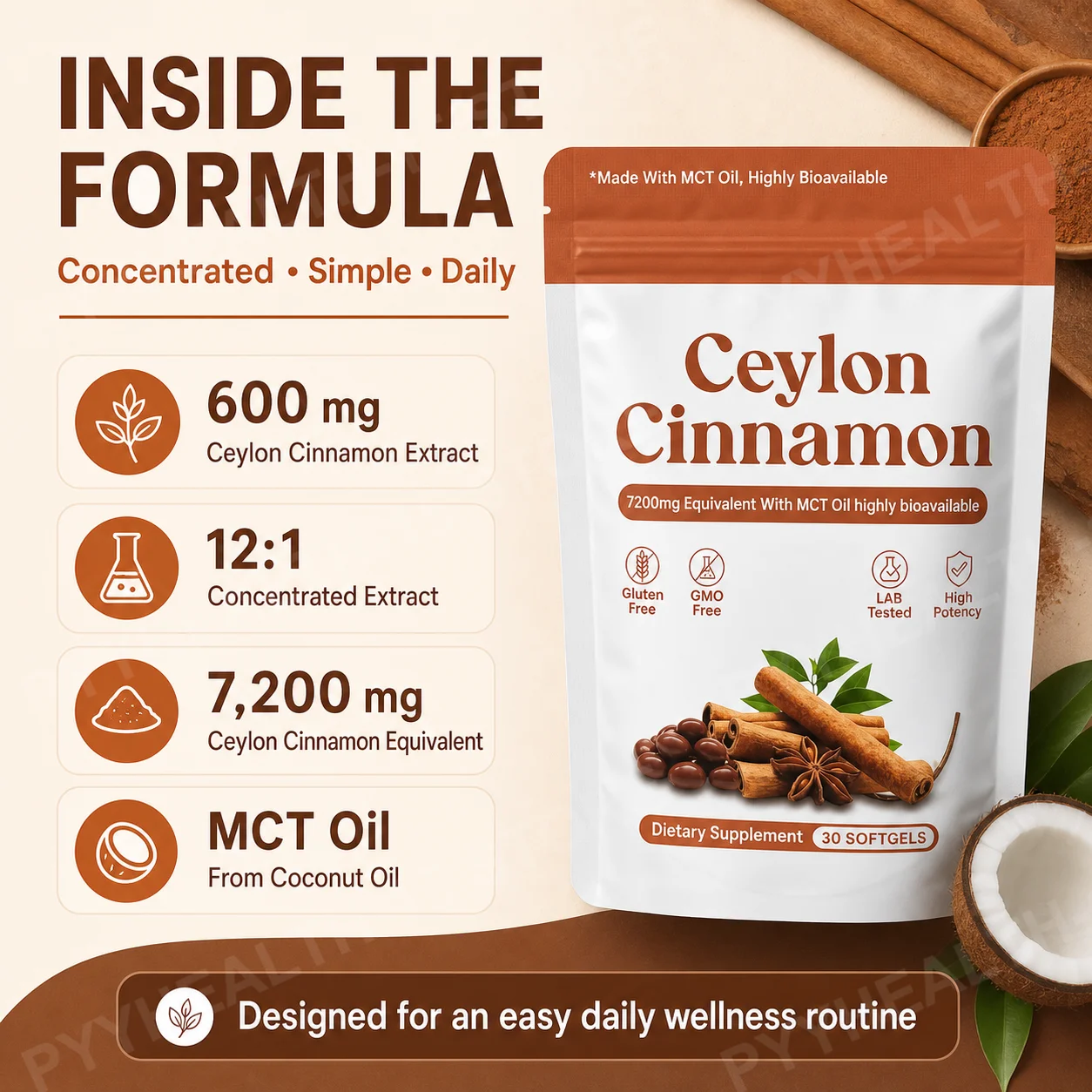 Ceylon Cinnamon Softgels Blood Sugar Metabolism Antioxidant Defense with Cinnamon Extract MCT Oil 7200 mg Equivalent 30 Softgels