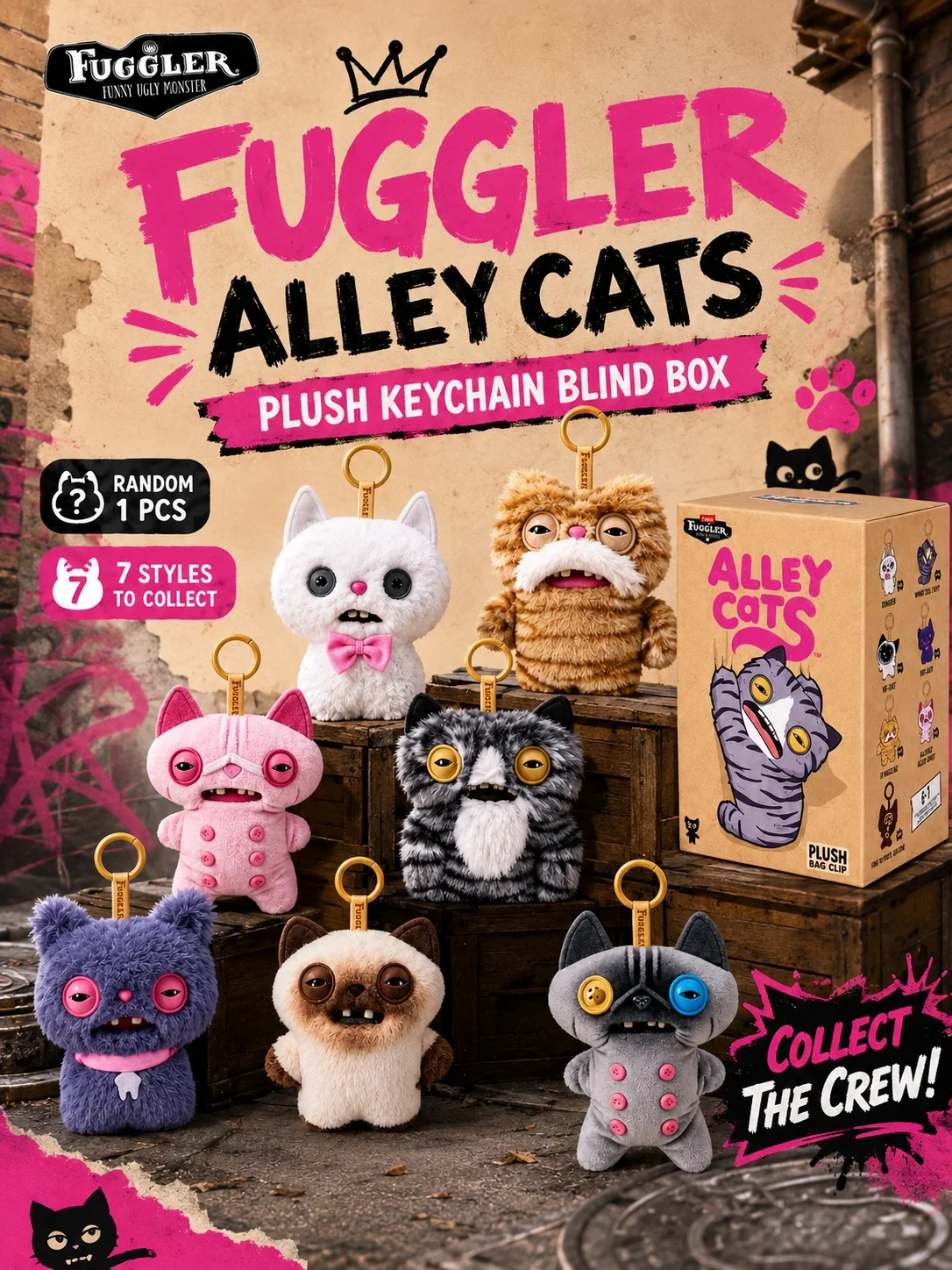 Oringal Fuggler Alley Cat Keyring 5 Inch Collectible Ugly Monster Plush Keychain Blind Box Toy