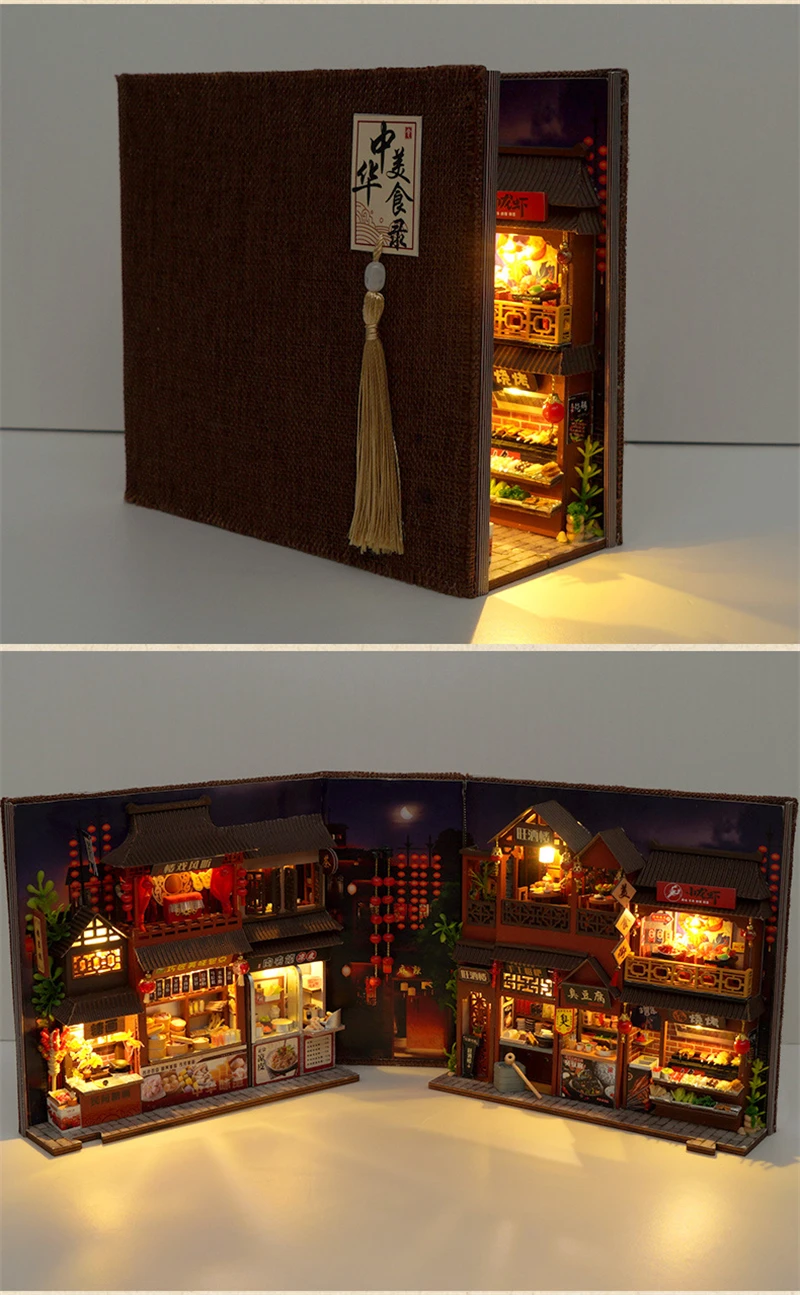 DIY Book Nook Wooden Miniature Model Kits Chinese Food Street Casa Bookend 3D Puzzle With Light Bookshelf for Friends Gift