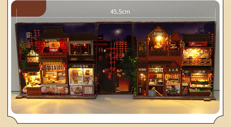 DIY Book Nook Wooden Miniature Model Kits Chinese Food Street Casa Bookend 3D Puzzle With Light Bookshelf for Friends Gift