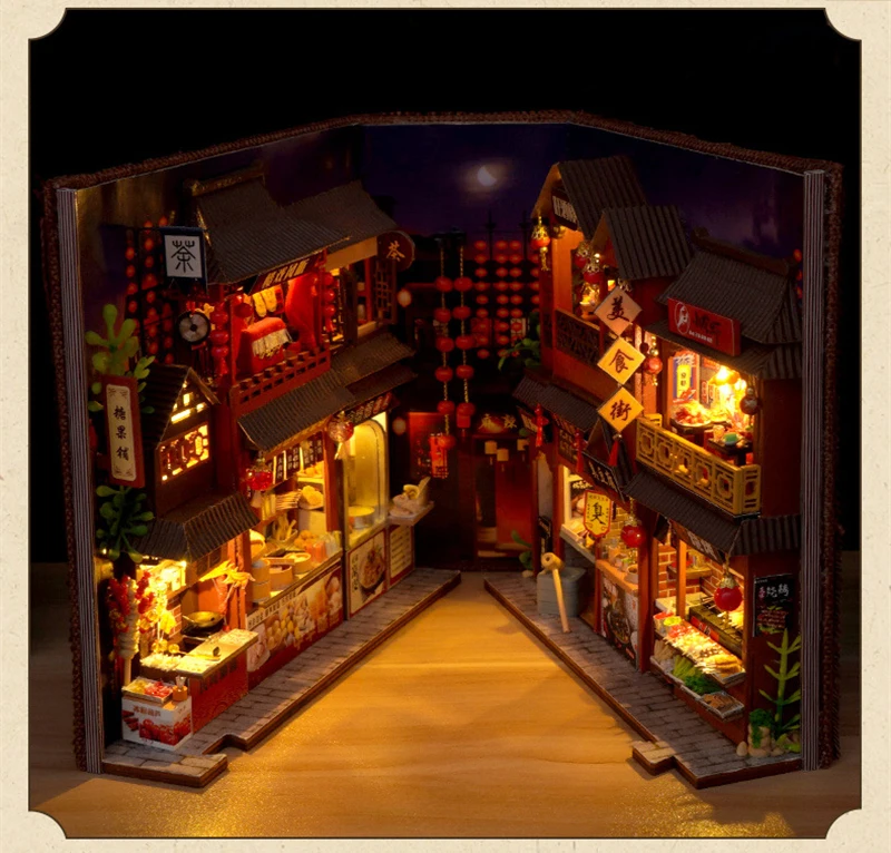 DIY Book Nook Wooden Miniature Model Kits Chinese Food Street Casa Bookend 3D Puzzle With Light Bookshelf for Friends Gift