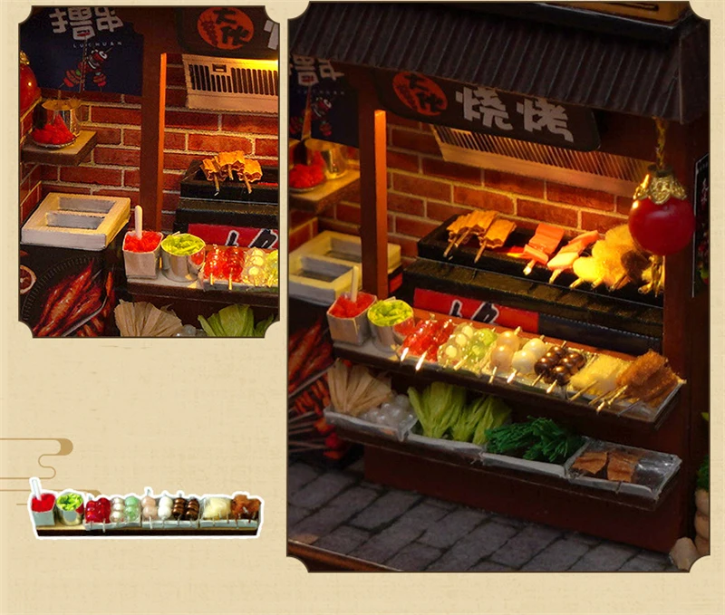 DIY Book Nook Wooden Miniature Model Kits Chinese Food Street Casa Bookend 3D Puzzle With Light Bookshelf for Friends Gift