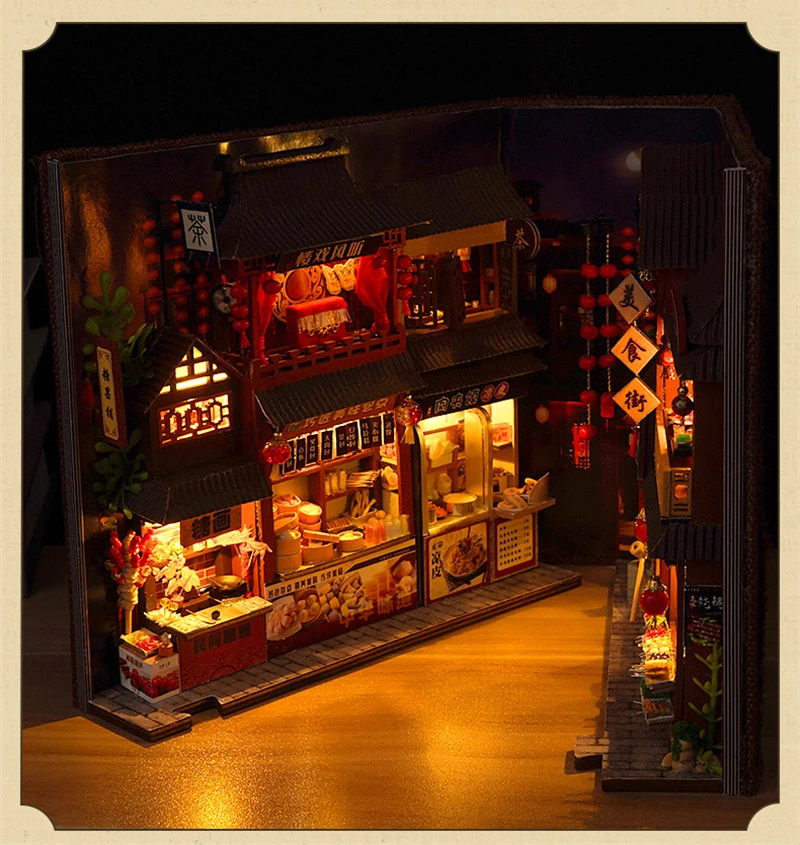 DIY Book Nook Wooden Miniature Model Kits Chinese Food Street Casa Bookend 3D Puzzle With Light Bookshelf for Friends Gift