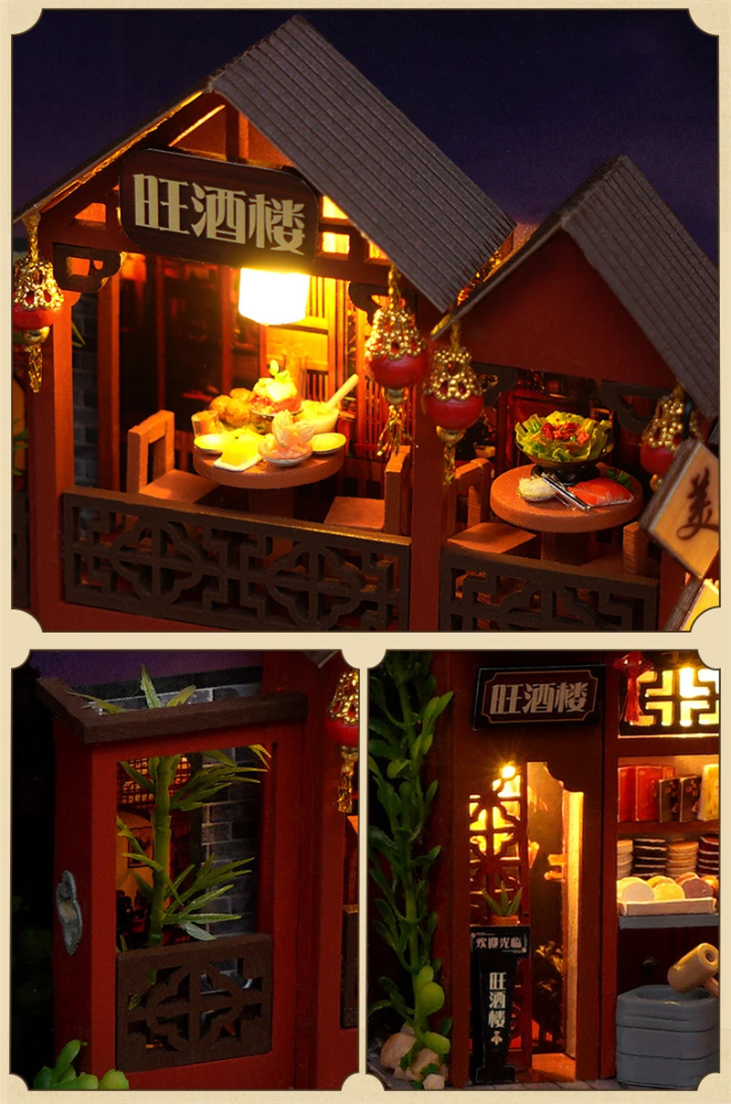 DIY Book Nook Wooden Miniature Model Kits Chinese Food Street Casa Bookend 3D Puzzle With Light Bookshelf for Friends Gift