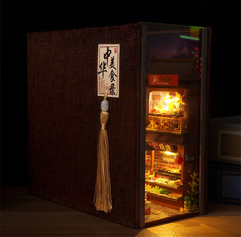 DIY Book Nook Wooden Miniature Model Kits Chinese Food Street Casa Bookend 3D Puzzle With Light Bookshelf for Friends Gift