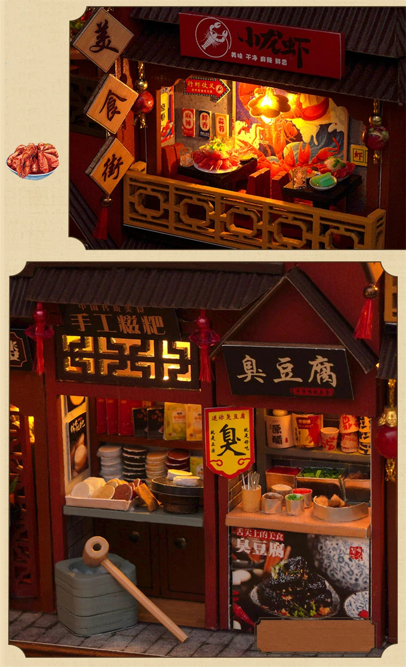 DIY Book Nook Wooden Miniature Model Kits Chinese Food Street Casa Bookend 3D Puzzle With Light Bookshelf for Friends Gift