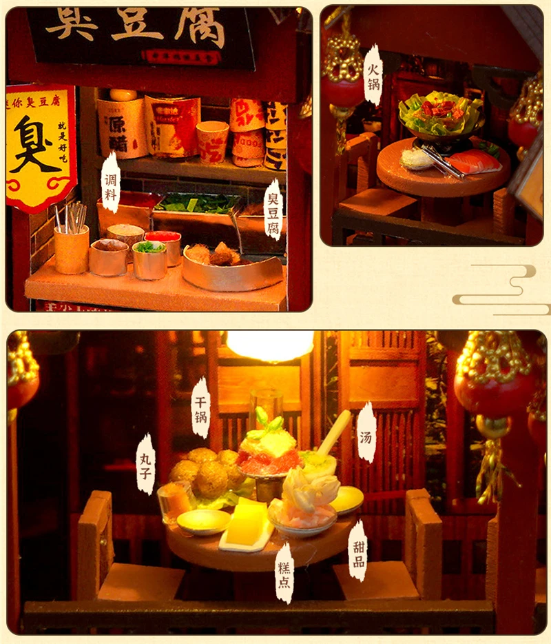 DIY Book Nook Wooden Miniature Model Kits Chinese Food Street Casa Bookend 3D Puzzle With Light Bookshelf for Friends Gift