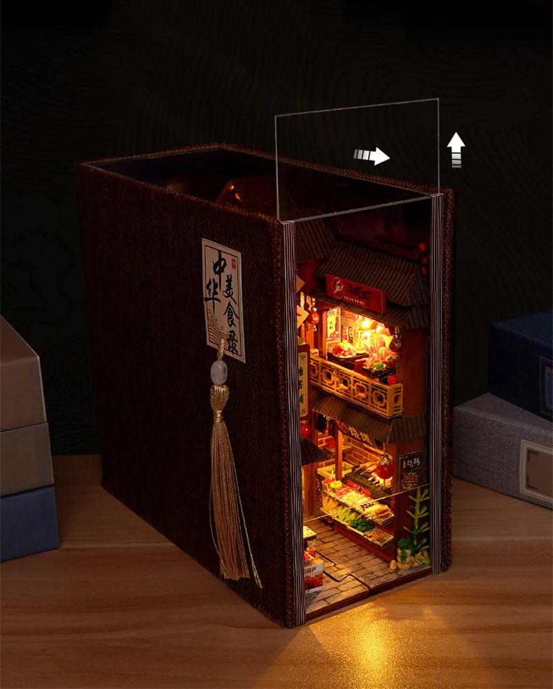 DIY Book Nook Wooden Miniature Model Kits Chinese Food Street Casa Bookend 3D Puzzle With Light Bookshelf for Friends Gift