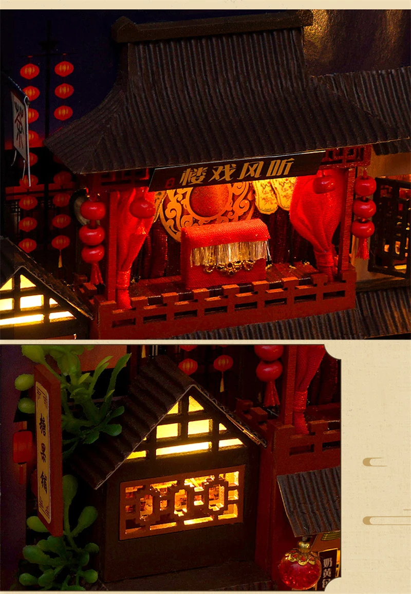 DIY Book Nook Wooden Miniature Model Kits Chinese Food Street Casa Bookend 3D Puzzle With Light Bookshelf for Friends Gift