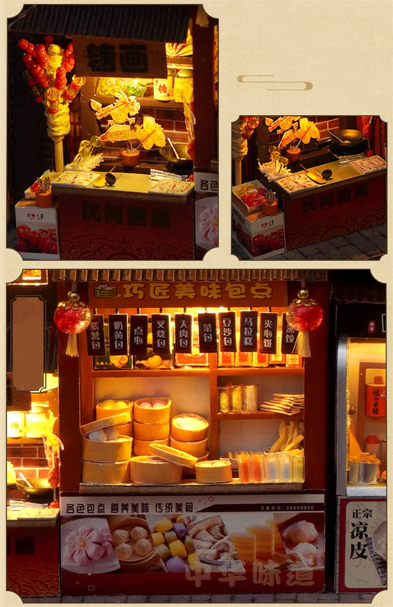 DIY Book Nook Wooden Miniature Model Kits Chinese Food Street Casa Bookend 3D Puzzle With Light Bookshelf for Friends Gift