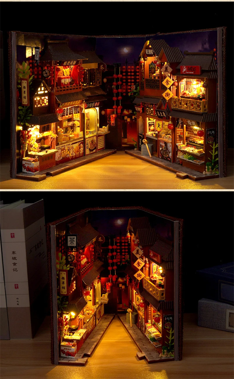 DIY Book Nook Wooden Miniature Model Kits Chinese Food Street Casa Bookend 3D Puzzle With Light Bookshelf for Friends Gift