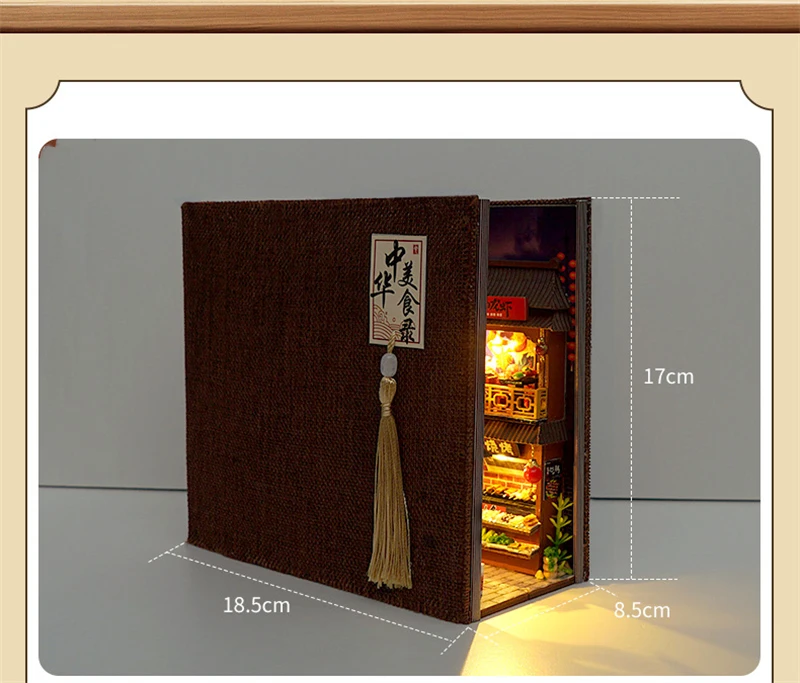 DIY Book Nook Wooden Miniature Model Kits Chinese Food Street Casa Bookend 3D Puzzle With Light Bookshelf for Friends Gift