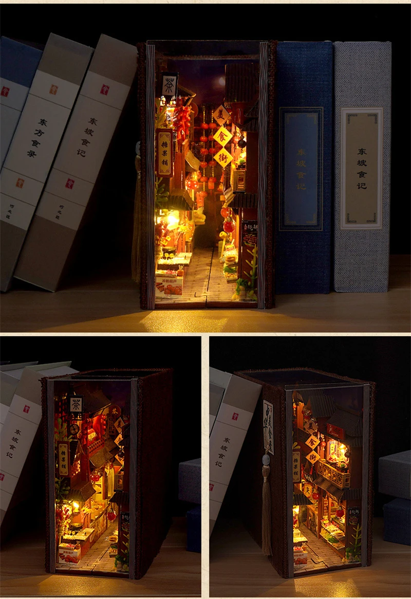 DIY Book Nook Wooden Miniature Model Kits Chinese Food Street Casa Bookend 3D Puzzle With Light Bookshelf for Friends Gift