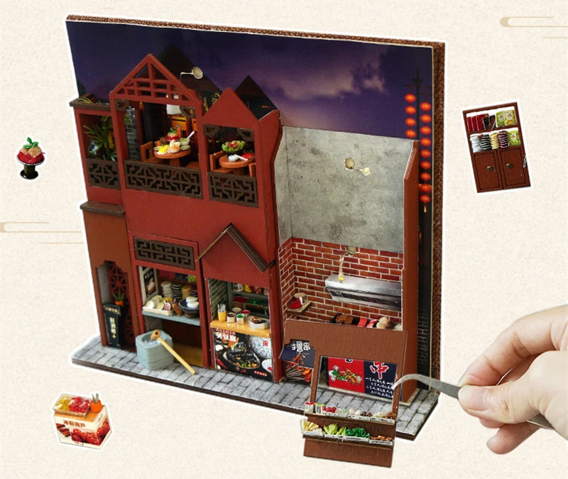 DIY Book Nook Wooden Miniature Model Kits Chinese Food Street Casa Bookend 3D Puzzle With Light Bookshelf for Friends Gift