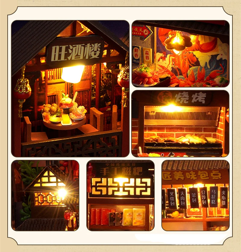 DIY Book Nook Wooden Miniature Model Kits Chinese Food Street Casa Bookend 3D Puzzle With Light Bookshelf for Friends Gift