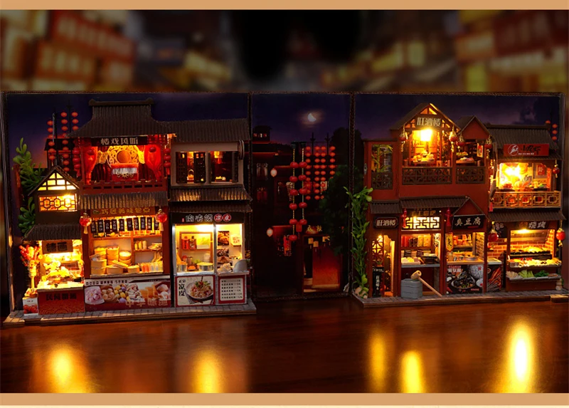 DIY Book Nook Wooden Miniature Model Kits Chinese Food Street Casa Bookend 3D Puzzle With Light Bookshelf for Friends Gift