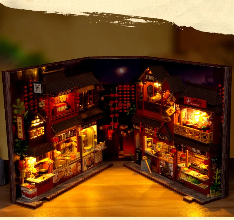 DIY Book Nook Wooden Miniature Model Kits Chinese Food Street Casa Bookend 3D Puzzle With Light Bookshelf for Friends Gift