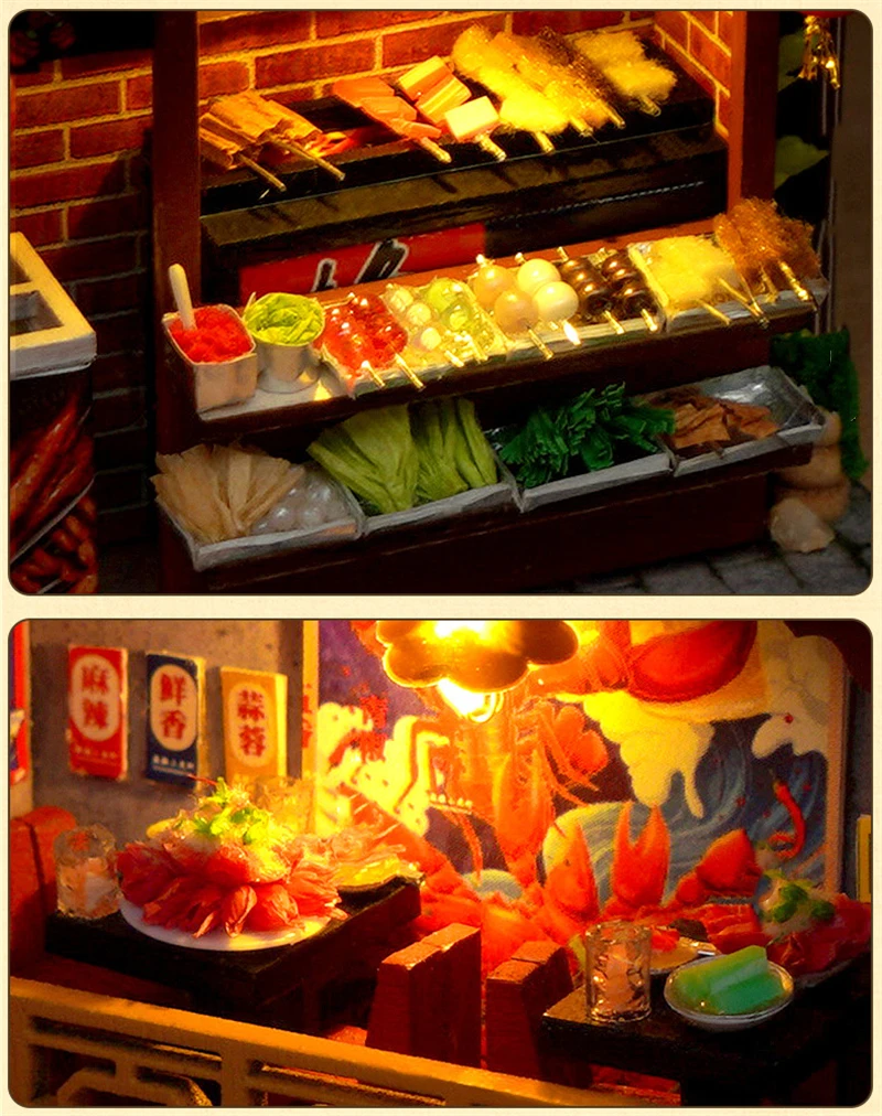 DIY Book Nook Wooden Miniature Model Kits Chinese Food Street Casa Bookend 3D Puzzle With Light Bookshelf for Friends Gift