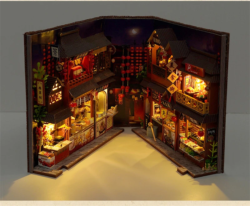 DIY Book Nook Wooden Miniature Model Kits Chinese Food Street Casa Bookend 3D Puzzle With Light Bookshelf for Friends Gift