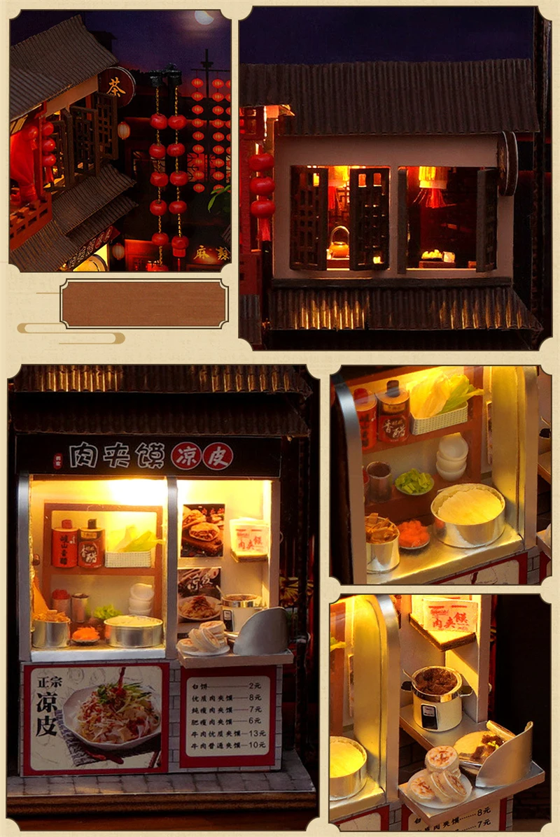 DIY Book Nook Wooden Miniature Model Kits Chinese Food Street Casa Bookend 3D Puzzle With Light Bookshelf for Friends Gift