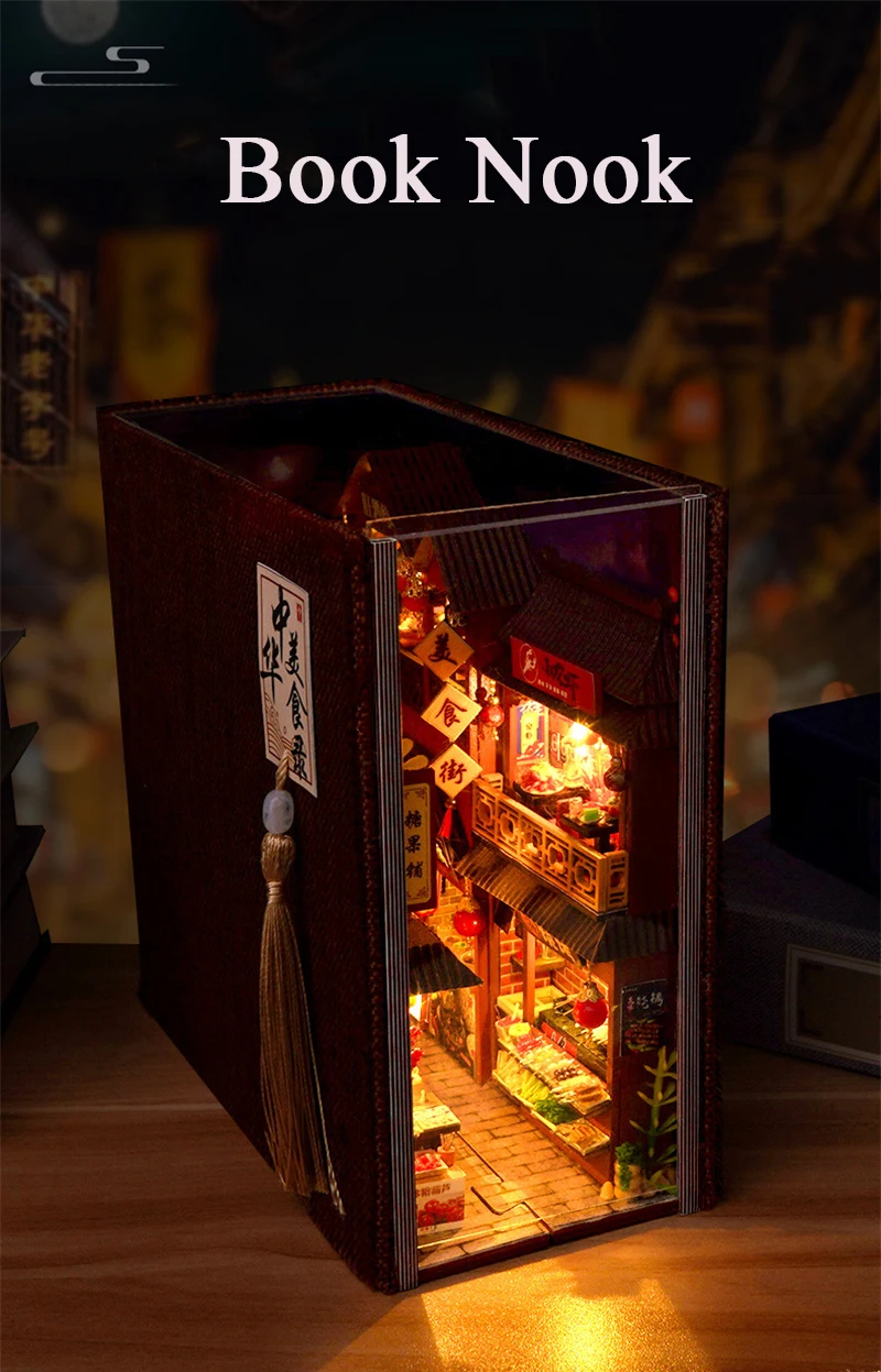 DIY Book Nook Wooden Miniature Model Kits Chinese Food Street Casa Bookend 3D Puzzle With Light Bookshelf for Friends Gift