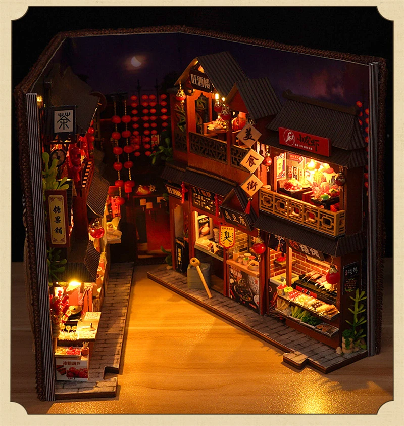 DIY Book Nook Wooden Miniature Model Kits Chinese Food Street Casa Bookend 3D Puzzle With Light Bookshelf for Friends Gift