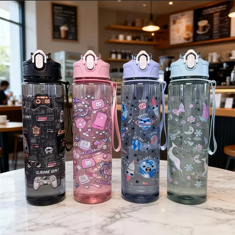 750ml Cute Cartoon Pattern Plastic Water Cup, Large Capacity, Portable, Leak-Proof, with Carrying Strap and Straw, for Travel