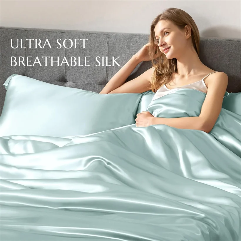 Luxury Mulberry Silk Duvet Cover 1 Piece, Ultra Soft Silk Quilt Cover, Double Queen King Size Bedding Blanket Cover with Zipper
