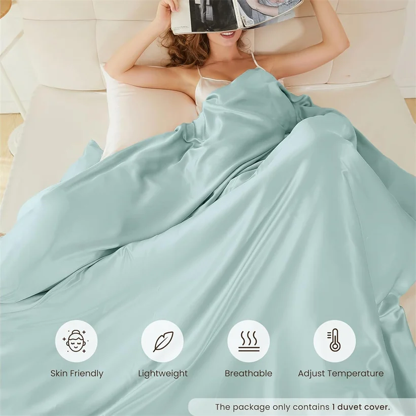 Luxury Mulberry Silk Duvet Cover 1 Piece, Ultra Soft Silk Quilt Cover, Double Queen King Size Bedding Blanket Cover with Zipper