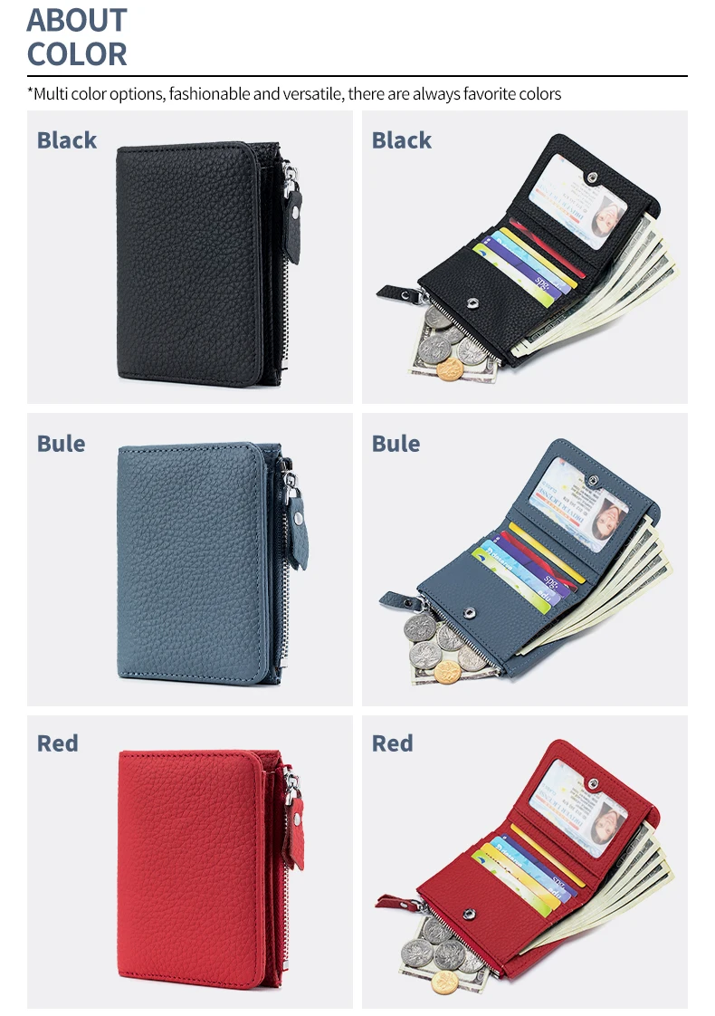 Genuine Leather Men Women Cute Short Wallet Luxury Solid Zipper Coin Purse RFID Bank Credit Card Holder Slim Small Money Bag