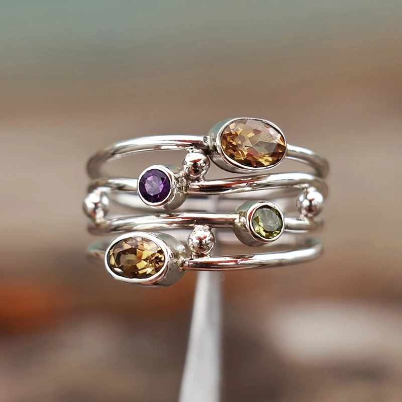 Huitan Bohemia Style Multi-layered Colorful Cubic Zirconia Finger Ring for Women Silver Color Daily Party Gift Statement Jewelry