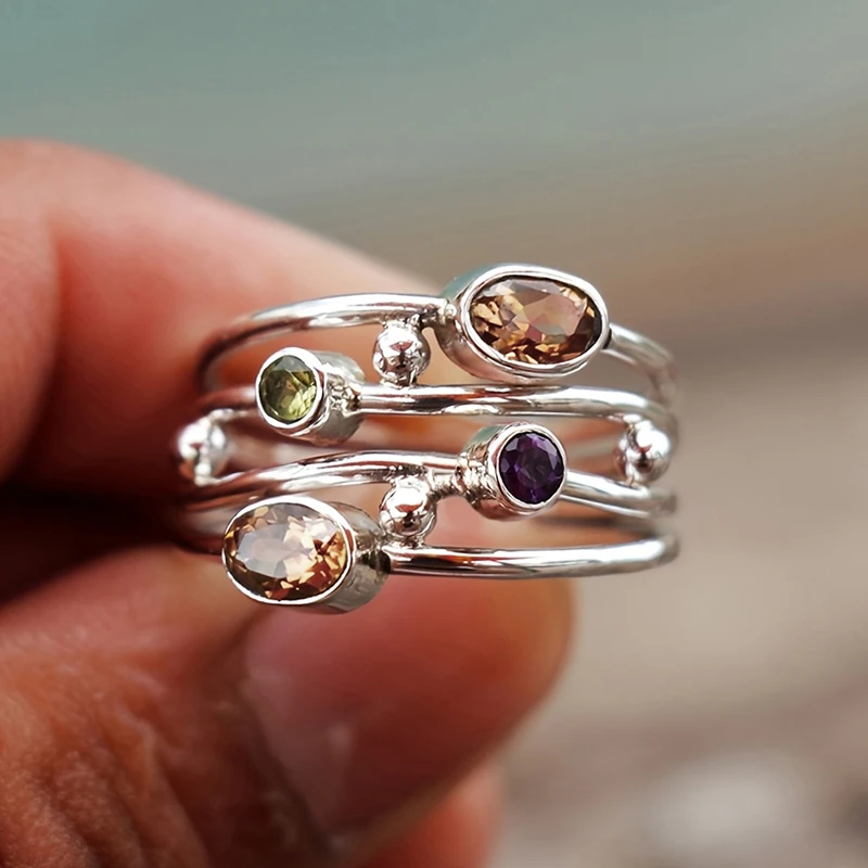 Huitan Bohemia Style Multi-layered Colorful Cubic Zirconia Finger Ring for Women Silver Color Daily Party Gift Statement Jewelry